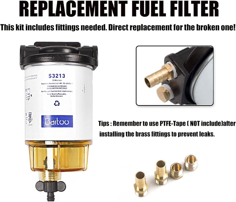 BARTOO S3213 Fuel Water Separator Marine,3/8 Inch NPT Port For Outboard Motor Mercury 35-60494-1 Yamaha Racor Sierra Engine Boat 10 Micron - Replaces B32013, 18-7932 - Image 3